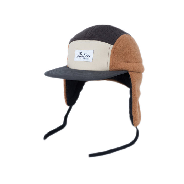 Keps, blockfleece 5-panel med öron - Brun (Storlek XL, 7-14 år)