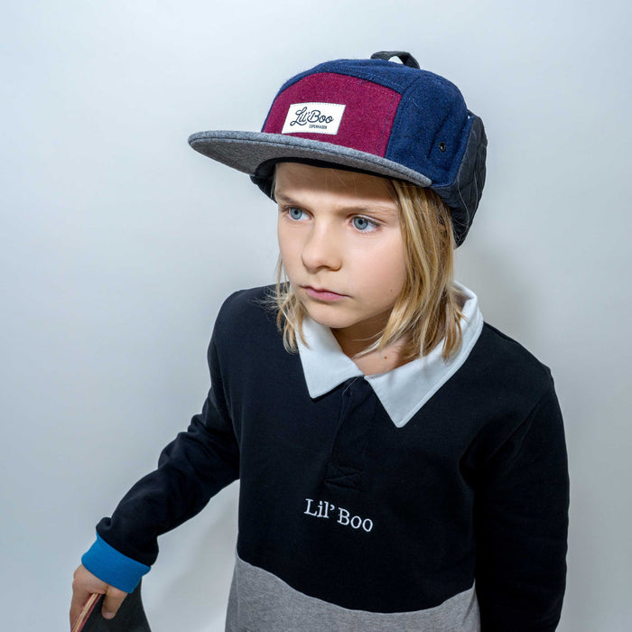 Keps, Ullblock 5-panel med öron - Burgundy / Grå / Marinblå (Storlek L, 4-7 år)