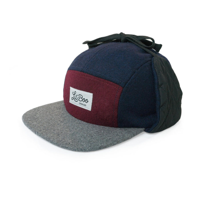 Keps, Ullblock 5-panel med öron - Burgundy / Grå / Marinblå (Storlek M, 1,5-3 år)