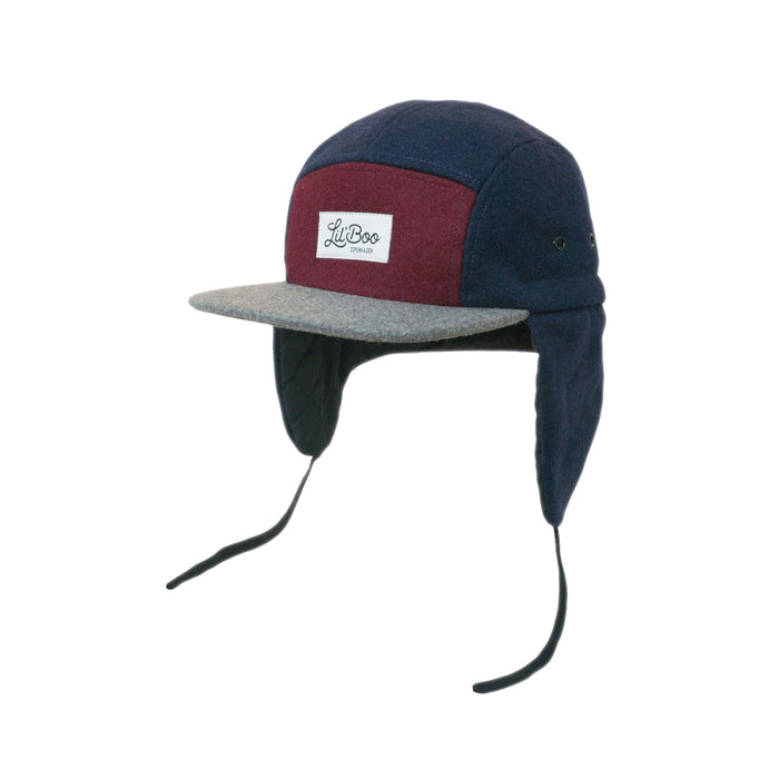 Keps, Ullblock 5-panel med öron - Burgundy / Grå / Marinblå (Storlek M, 1,5-3 år)