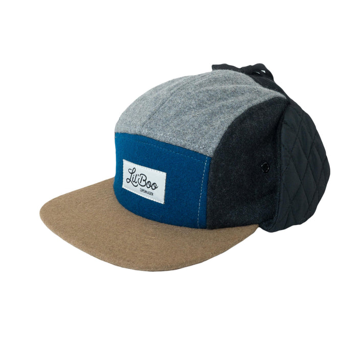 Keps, Ullblock 5-panel med öron - Grå/blå (Storlek XL, 7-14 år)