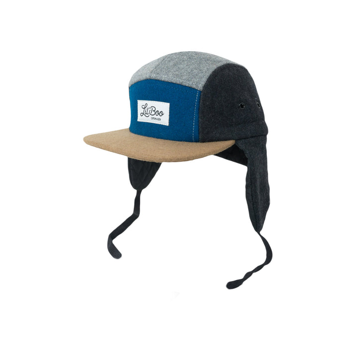 Keps, Ullblock 5-panel med öron - Grå/blå (Storlek M, 1,5-3 år)